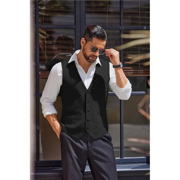 Men's Tweed Suit Vests Slim Fit Waistcoat Black - Picture 2 of 7